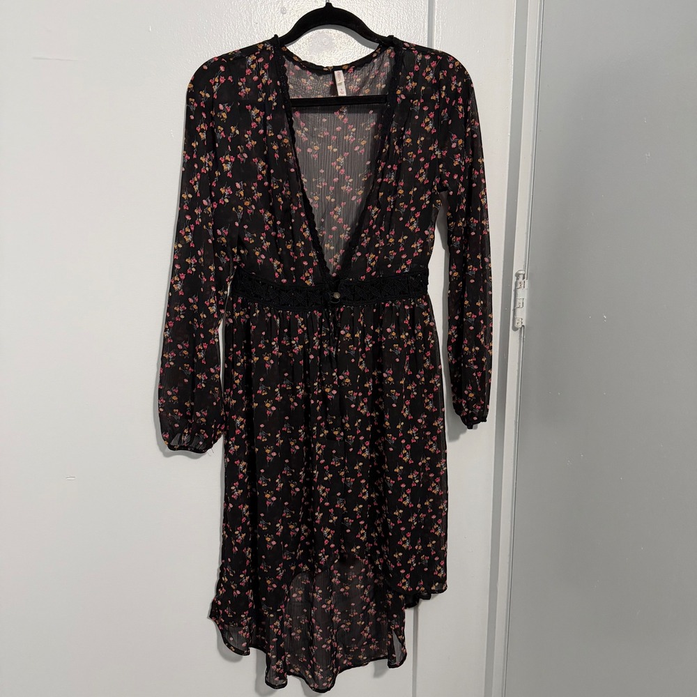 Whimseygoth FairyGoth Boho Floral Crochet Lace V-Neck Sheer Dress Sz Sm Coquette